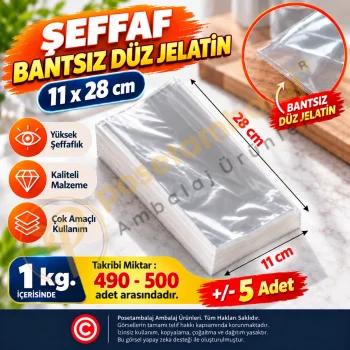 11x28 cm. Şeffaf Bantsız Düz Jelatin / 1 kg.