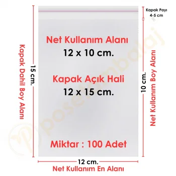 12x10+5 cm.(12x15) 100 Adet Şeffaf Bantlı Yapışkanlı OPP Poşet