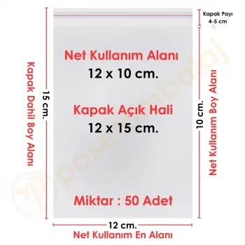 12x10+5 cm.(12x15) 50 Adet Şeffaf Bantlı Yapışkanlı OPP Poşet