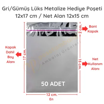 12x17 cm Gümüş Renk Bantlı Lüks Metalize Hediyelik Poşet (50 Adet)