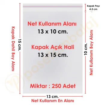 13x10+5 cm.(13x15) 250 Adet Şeffaf Bantlı Yapışkanlı OPP Poşet