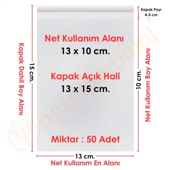 13x10+5 cm.(13x15) 50 Adet Şeffaf Bantlı Yapışkanlı OPP Poşet