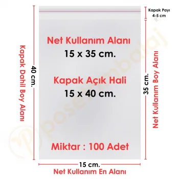 15x35+5 cm.(15x40) 100 Adet Şeffaf Bantlı Yapışkanlı OPP Poşet