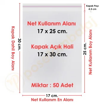 17x25+5 cm.(17x30) 50 Adet Şeffaf Bantlı Yapışkanlı OPP Poşet