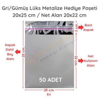 20x25 cm Gümüş Renk Bantlı Lüks Metalize Hediyelik Poşet (50 Adet)