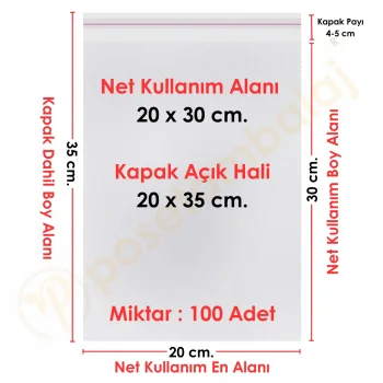 20x30+5 cm.(20x35) 100 Adet Şeffaf Bantlı Yapışkanlı Jelatin Poşet