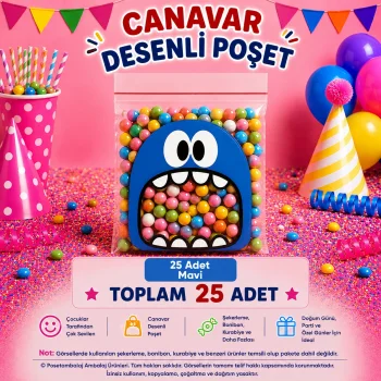 25 Adet Mavi Canavar Desenli Cake Pop & Kurabiye Poşeti-10x15 cm