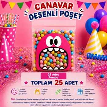 25 Adet Pembe Canavar Desenli Cake Pop & Kurabiye Poşeti-10x15 cm