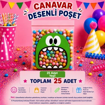 25 Adet Yeşil Canavar Desenli Cake Pop & Kurabiye Poşeti-10x15 cm