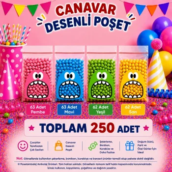 250 Adet 4 Renkli Canavar Desenli Cake Pop & Kurabiye Poşeti - 10x15 cm