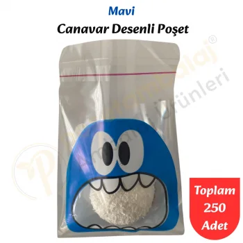 250 Adet Mavi Canavar Desenli Cake Pop & Kurabiye Poşeti-10x15 cm
