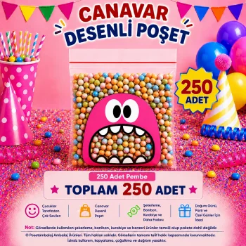 250 Adet Pembe Canavar Desenli Cake Pop & Kurabiye Poşeti-10x15 cm