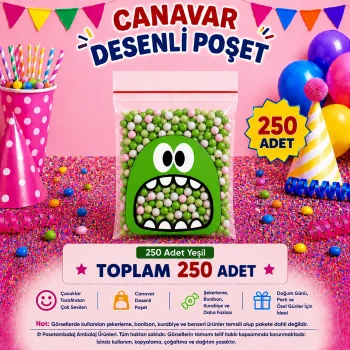 250 Adet Yeşil Canavar Desenli Cake Pop & Kurabiye Poşeti-10x15 cm