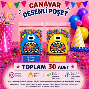 30 Adet Mavi-Sarı Renkli Canavar Desenli Cake Pop & Kurabiye Poşeti-10x15 cm