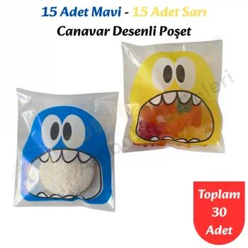 30 Adet Mavi-Sarı Renkli Canavar Desenli Cake Pop & Kurabiye Poşeti-10x15 cm