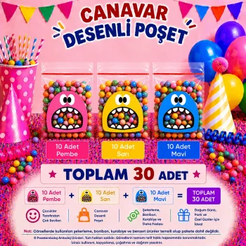 30 Adet Pembe-Sarı-Mavi Renkli Canavar Desenli Cake Pop & Kurabiye Poşeti-10x15 cm