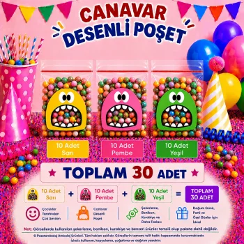 30 Adet Sarı-Pembe-Yeşil Renkli Canavar Desenli Cake Pop & Kurabiye Poşeti-10x15 cm
