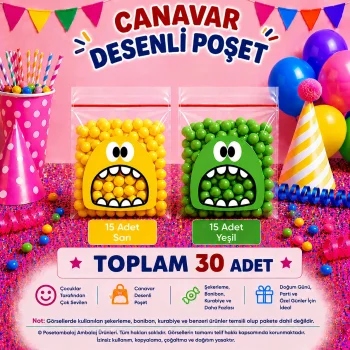 30 Adet Sarı-Yeşil Renkli Canavar Desenli Cake Pop & Kurabiye Poşeti-10x15 cm