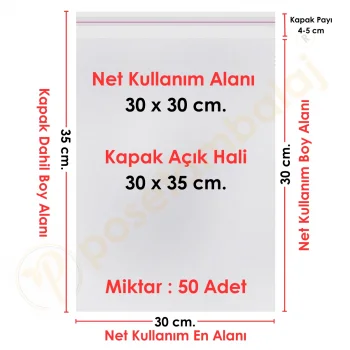 30x30+5 cm.(30x35) 50 Adet Şeffaf Bantlı Yapışkanlı Jelatin Poşet