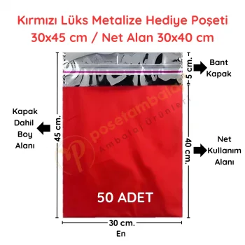 30x45 cm Kırmızı Renk Bantlı Lüks Metalize Hediyelik Poşet (50 Adet)