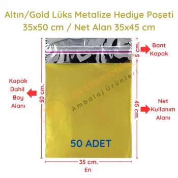 35x50 cm Altın Renk Bantlı Lüks Metalize Hediyelik Poşet (50 Adet)