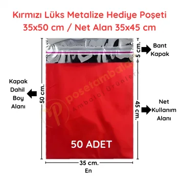 35x50 cm Kırmızı Renk Bantlı Lüks Metalize Hediyelik Poşet (50 Adet)