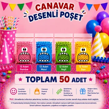 50 Adet 4 Renkli Canavar Desenli Cake Pop & Kurabiye Poşeti - 10x15 cm