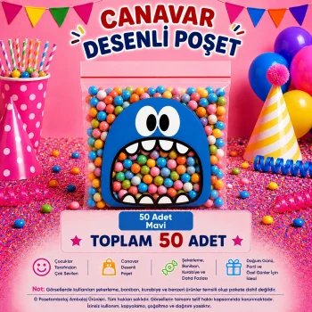50 Adet Mavi Canavar Desenli Cake Pop & Kurabiye Poşeti-10x15 cm