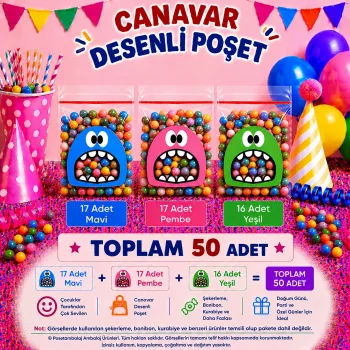 50 Adet Mavi-Pembe-Yeşil Renkli Canavar Desenli Cake Pop & Kurabiye Poşeti-10x15 cm