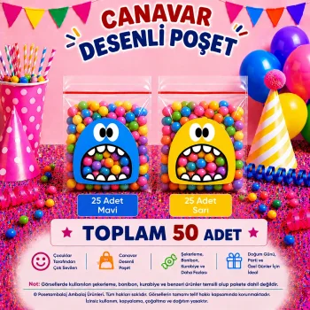 50 Adet Mavi-Sarı Renkli Canavar Desenli Cake Pop & Kurabiye Poşeti-10x15 cm