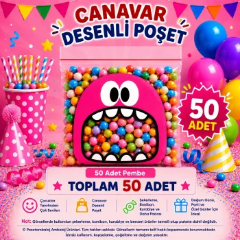 50 Adet Pembe Canavar Desenli Cake Pop & Kurabiye Poşeti-10x15 cm