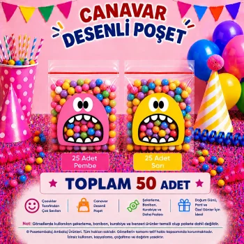 50 Adet Pembe-Sarı Renkli Canavar Desenli Cake Pop & Kurabiye Poşeti-10x15 cm