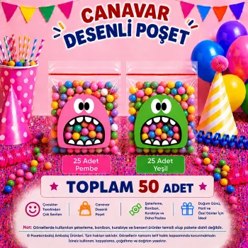 50 Adet Pembe-Yeşil Renkli Canavar Desenli Cake Pop & Kurabiye Poşeti-10x15 cm