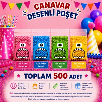500 Adet 4 Renkli Canavar Desenli Cake Pop & Kurabiye Poşeti - 10x15 cm
