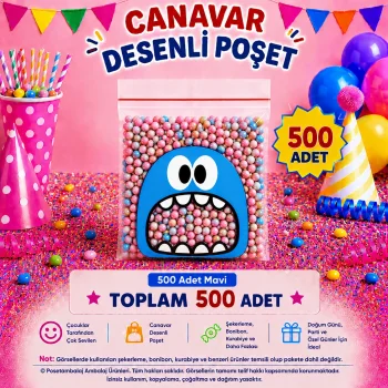 500 Adet Mavi Canavar Desenli Cake Pop & Kurabiye Poşeti-10x15 cm