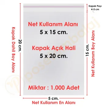 5x15+5 cm.(5x20) 1.000 Adet Şeffaf Bantlı Yapışkanlı OPP Poşet
