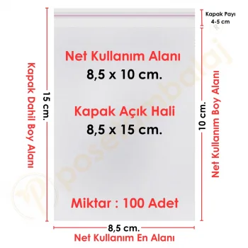 8,5x10+5 cm.(8,5x15) 100 Adet Şeffaf Bantlı Yapışkanlı OPP Poşet