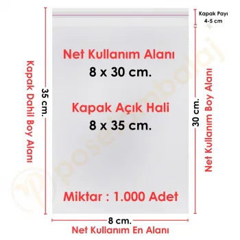 8x30+5 cm.(8x35) 1.000 Adet Şeffaf Bantlı Yapışkanlı OPP Poşet