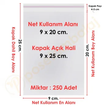 9x20+5 cm.(9x25) 250 Adet Şeffaf Bantlı Yapışkanlı OPP Poşet