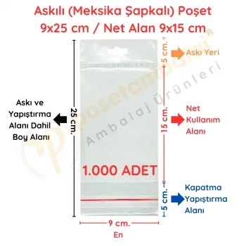 9x25 cm (Kapalı Hali 9x15 cm) 1.000 Adet OPP Askılı Meksika Şapkalı Poşet