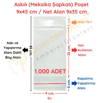 9x45 cm (Kapalı Hali 9x35 cm) 1.000 Adet OPP Askılı Meksika Şapkalı Poşet