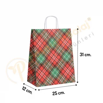 Ekose Desen Kraft Çanta Orta Boy 25x12x31 cm 25 Adet