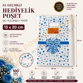 Mavi Fiyonk Kalp Desenli Hediyelik Poşet 13x20 cm