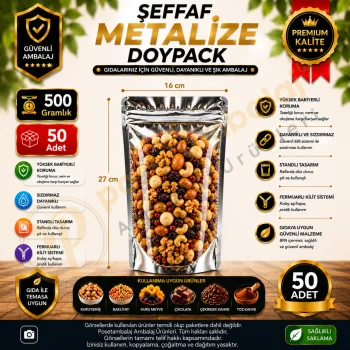 Şeffaf Metalize Doypack 16x27x8 cm (50 Adet)
