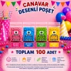 100 Adet 4 Renkli Canavar Desenli Cake Pop & Kurabiye Poşeti - 10x15 cm