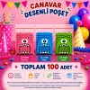 100 Adet Mavi-Pembe-Yeşil Renkli Canavar Desenli Cake Pop & Kurabiye Poşeti-10x15 cm