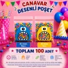 100 Adet Mavi-Sarı Renkli Canavar Desenli Cake Pop & Kurabiye Poşeti-10x15 cm