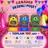 100 Adet Sarı-Mavi-Yeşil Renkli Canavar Desenli Cake Pop & Kurabiye Poşeti-10x15 cm