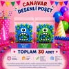 30 Adet Mavi-Yeşil Renkli Canavar Desenli Cake Pop & Kurabiye Poşeti-10x15 cm