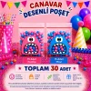 30 Adet Pembe-Mavi Renkli Canavar Desenli Cake Pop & Kurabiye Poşeti-10x15 cm